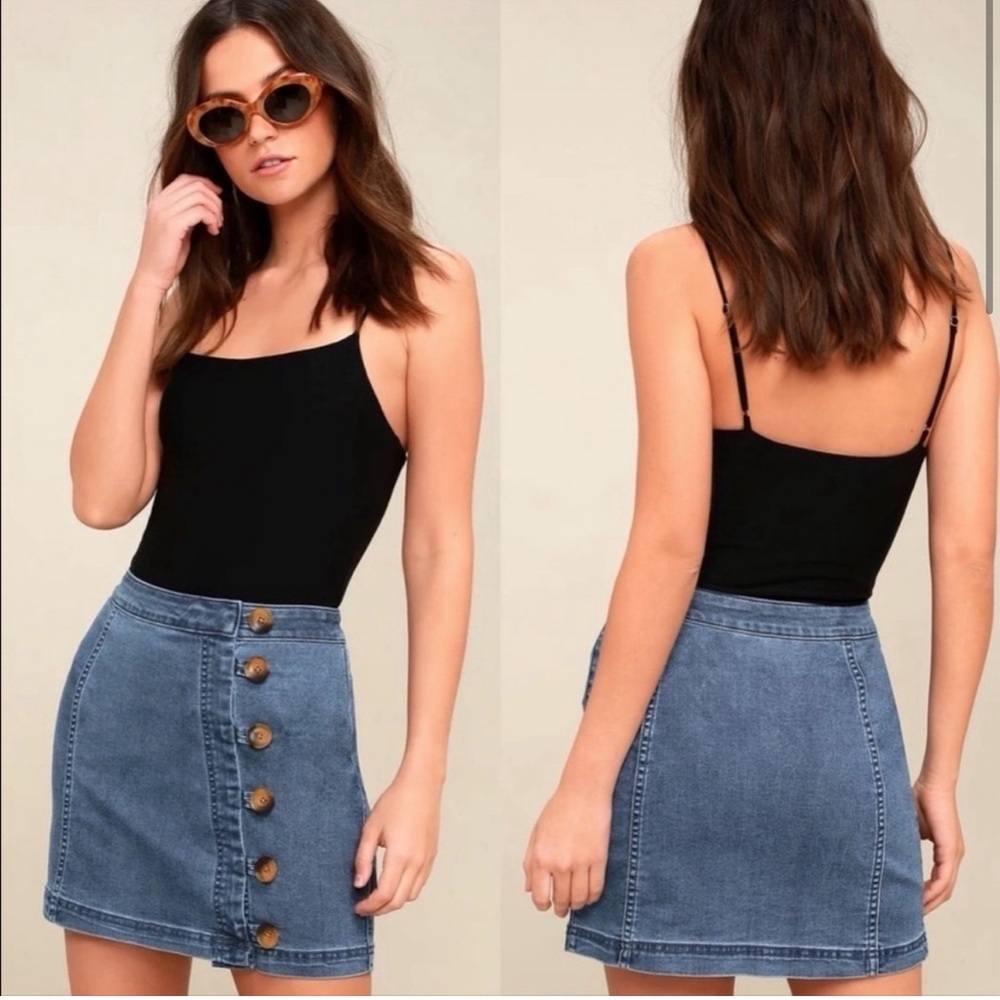 Free People medium wash denim skirt with wooden buttons